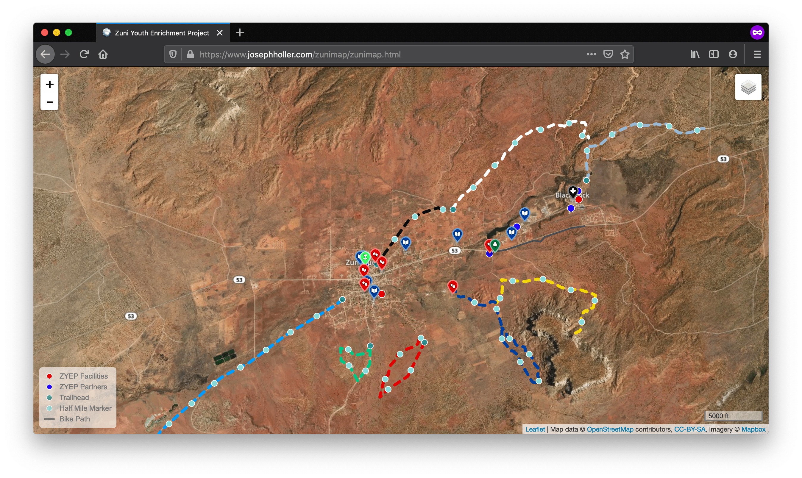 A screenshot of the Leaflet map Professor Holler and I created for the Zuni Youth Enrichment Project (ZYEP).